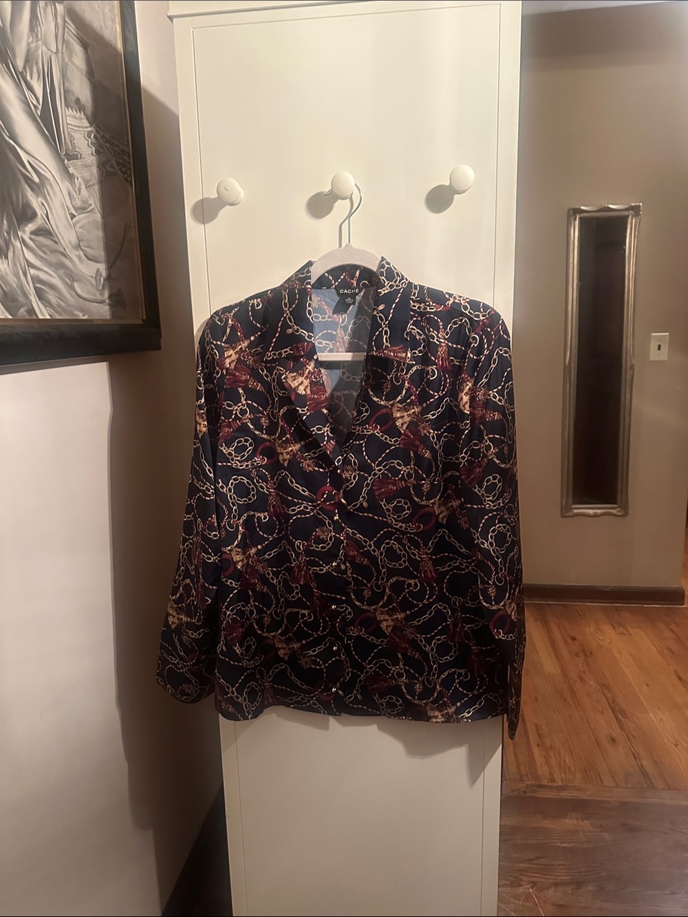 Cache Navy Button-Down Blouse with Gold and Burgundy Chain Print